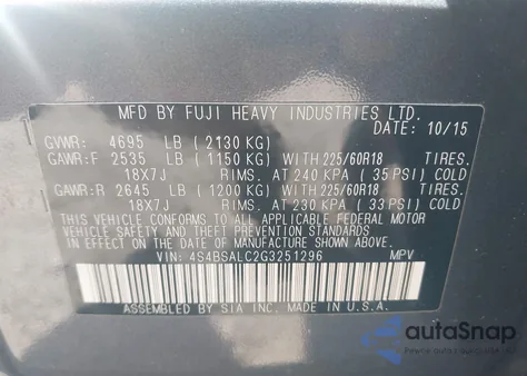 2016 Subaru Outback 2.5I Limited z USA, uszkodzony, nr VIN 4S4BSALC2G3251296